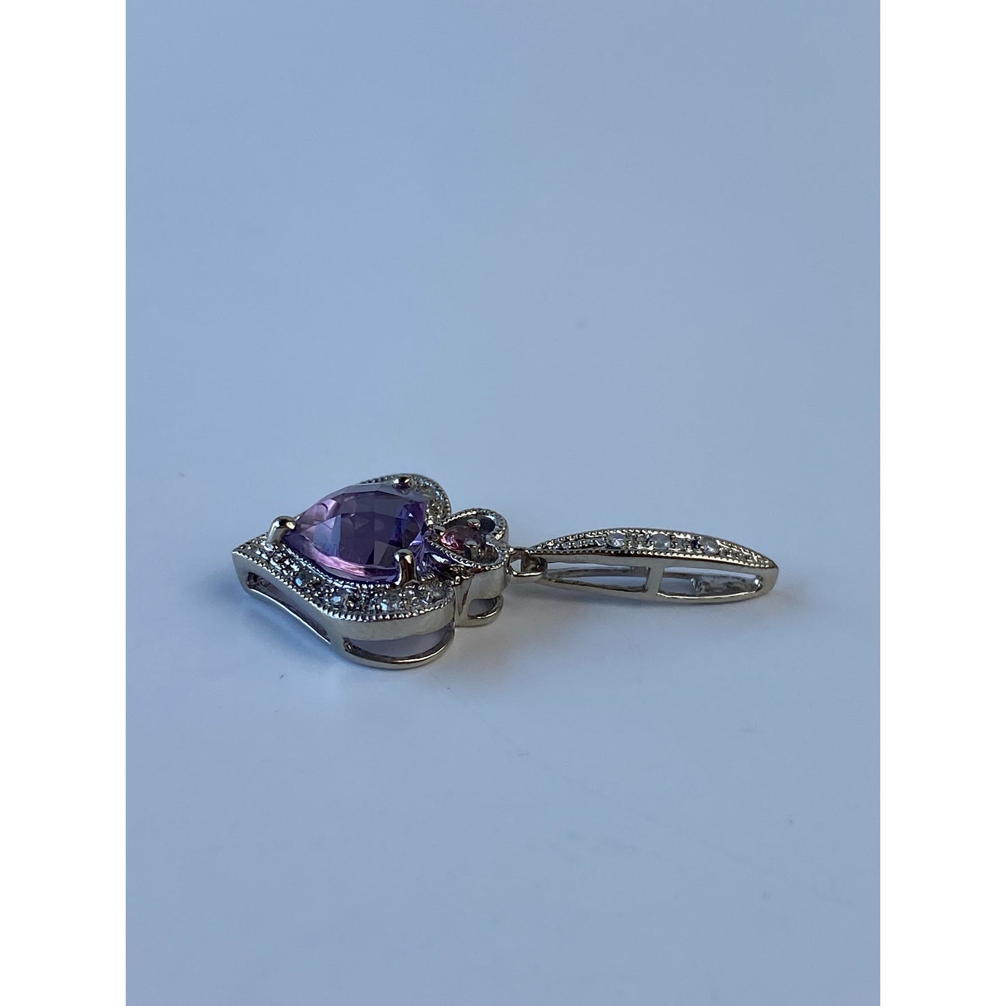 Solid 10k White Gold Amethyst Clear Sapphire Pink Tourmaline Heart Slide Charm