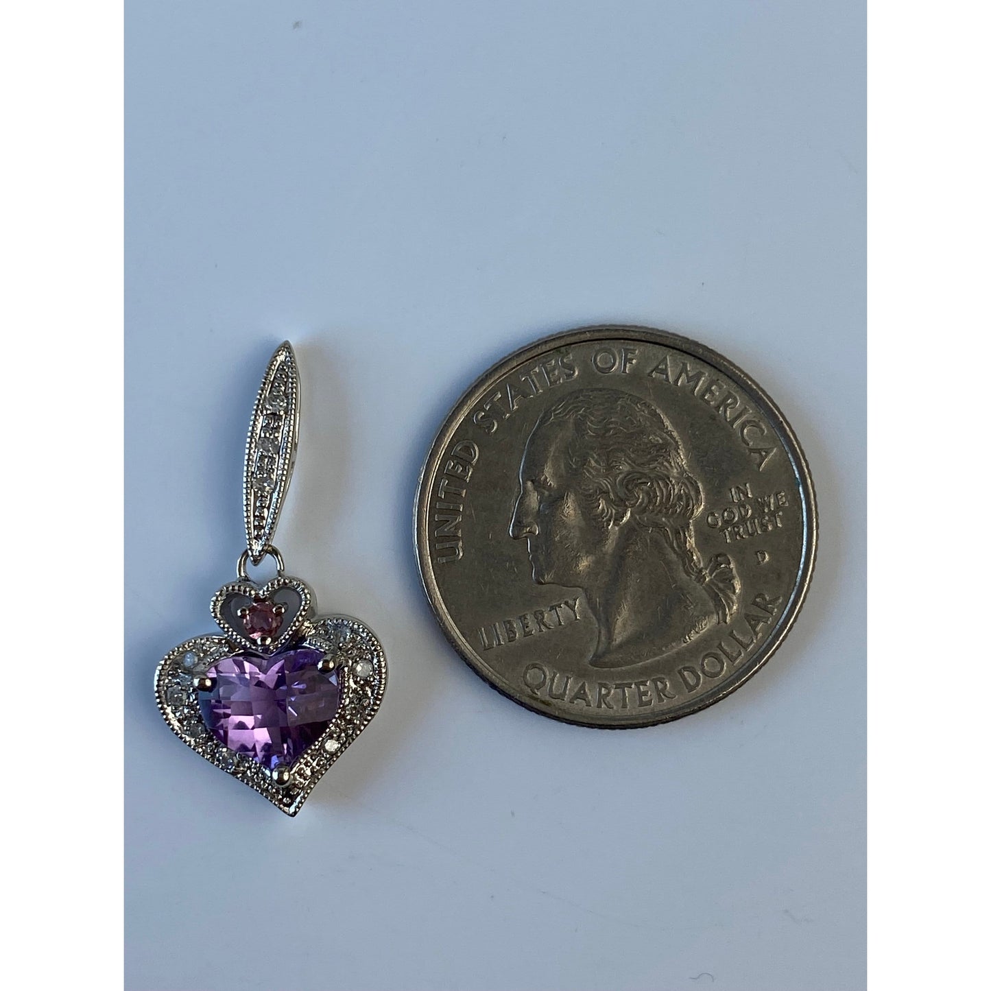 Solid 10k White Gold Amethyst Clear Sapphire Pink Tourmaline Heart Slide Charm