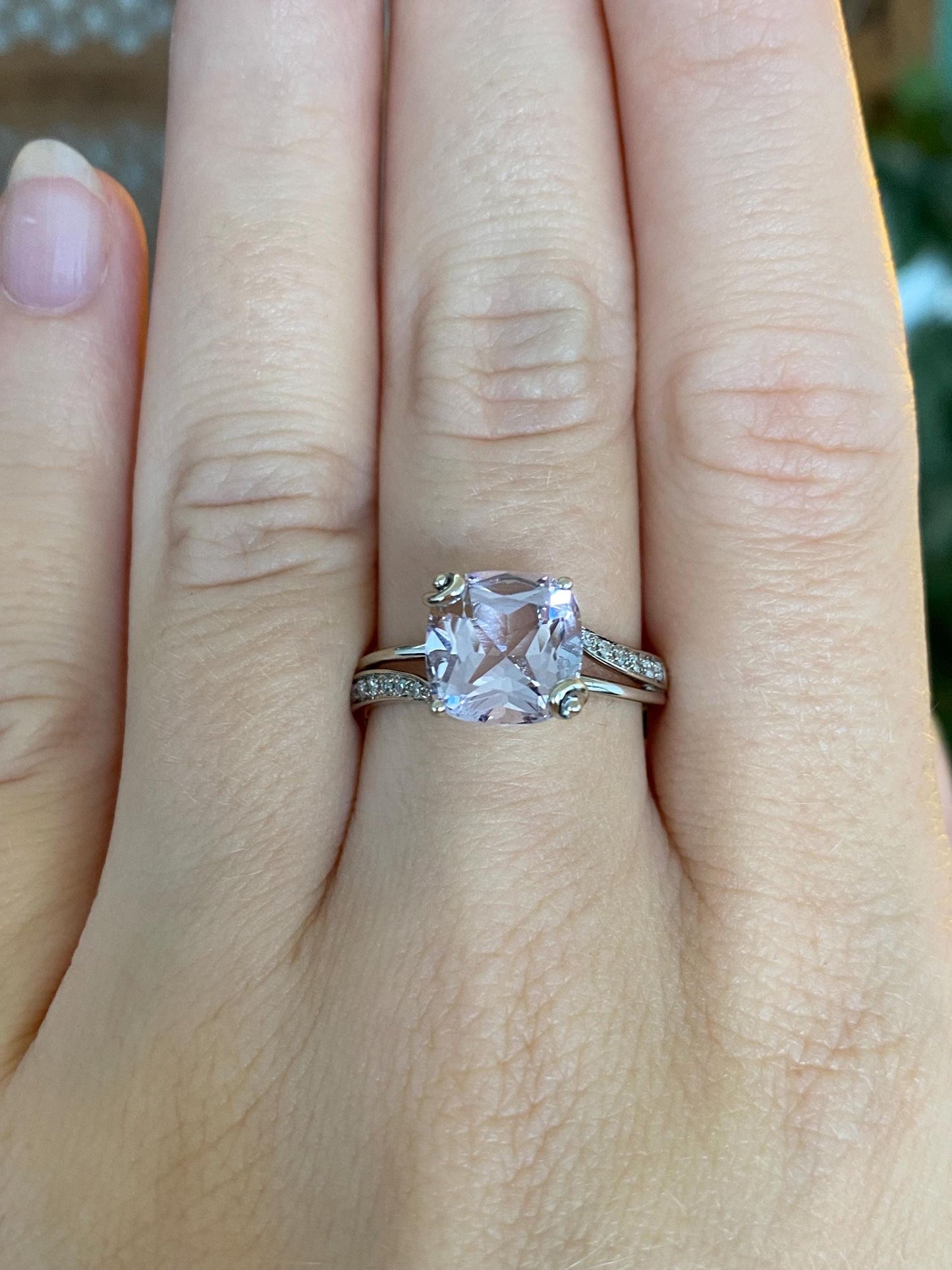 Vintage Solid 14k White Gold Light Purple Amethyst Clear Sapphire Ring - Size 8.25