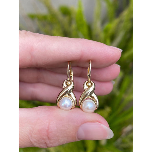Vintage Solid 14k Yellow Gold Pearl Drop Earrings