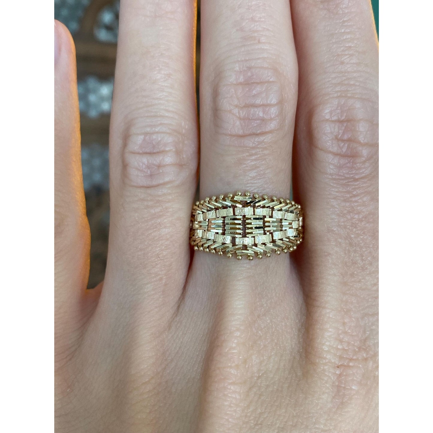 Vintage Solid 14k Yellow Gold Diamond Cut Mesh Chain Ring - Size 8.5