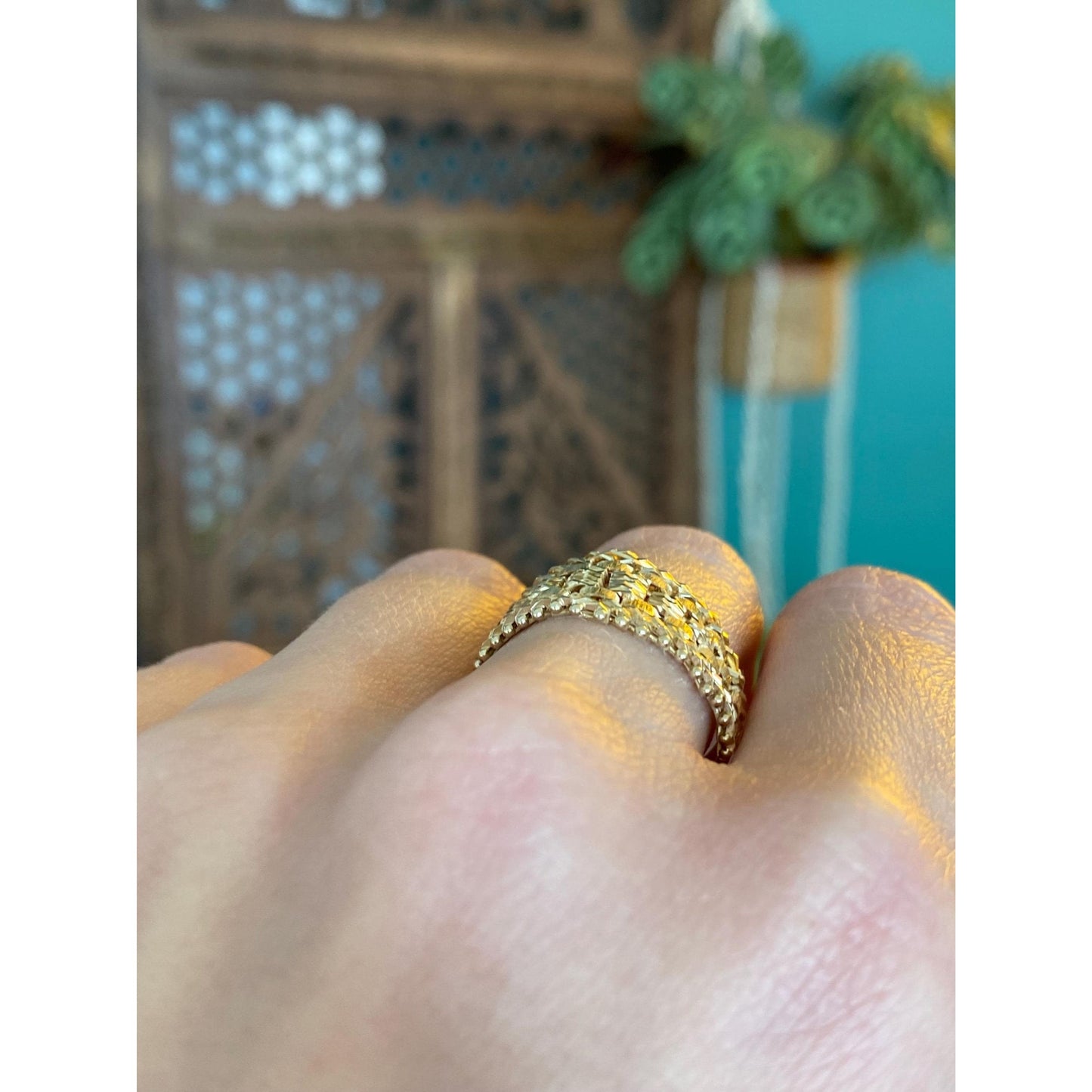 Vintage Solid 14k Yellow Gold Diamond Cut Mesh Chain Ring - Size 8.5