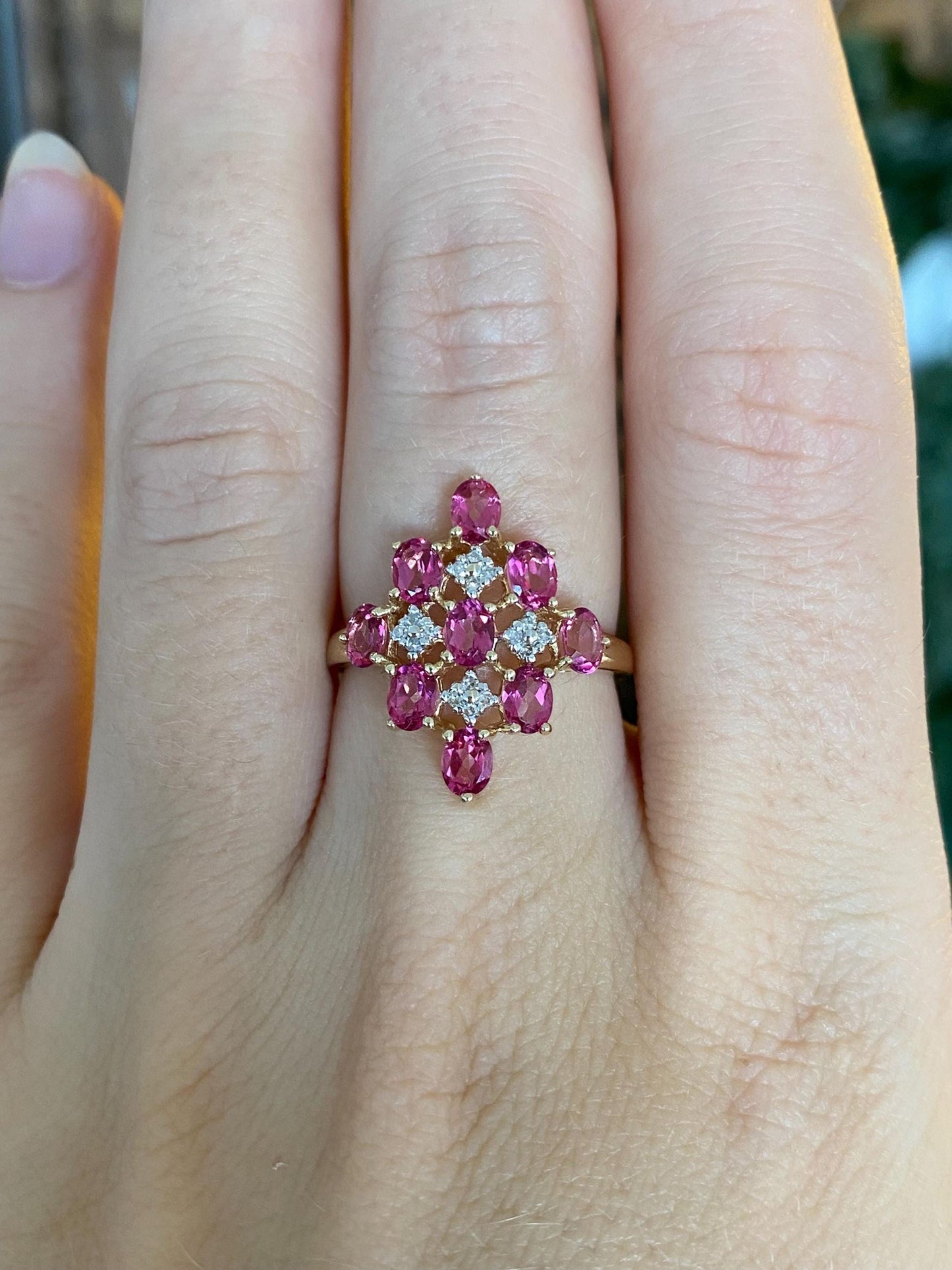 Vintage Solid 10k White & Yellow Gold Diamonds Pink Sapphire Ring - Size 6.75