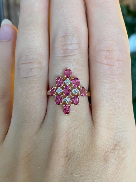 Vintage Solid 14k White & Yellow Gold Diamonds Pink Sapphire Ring - Size 6.75