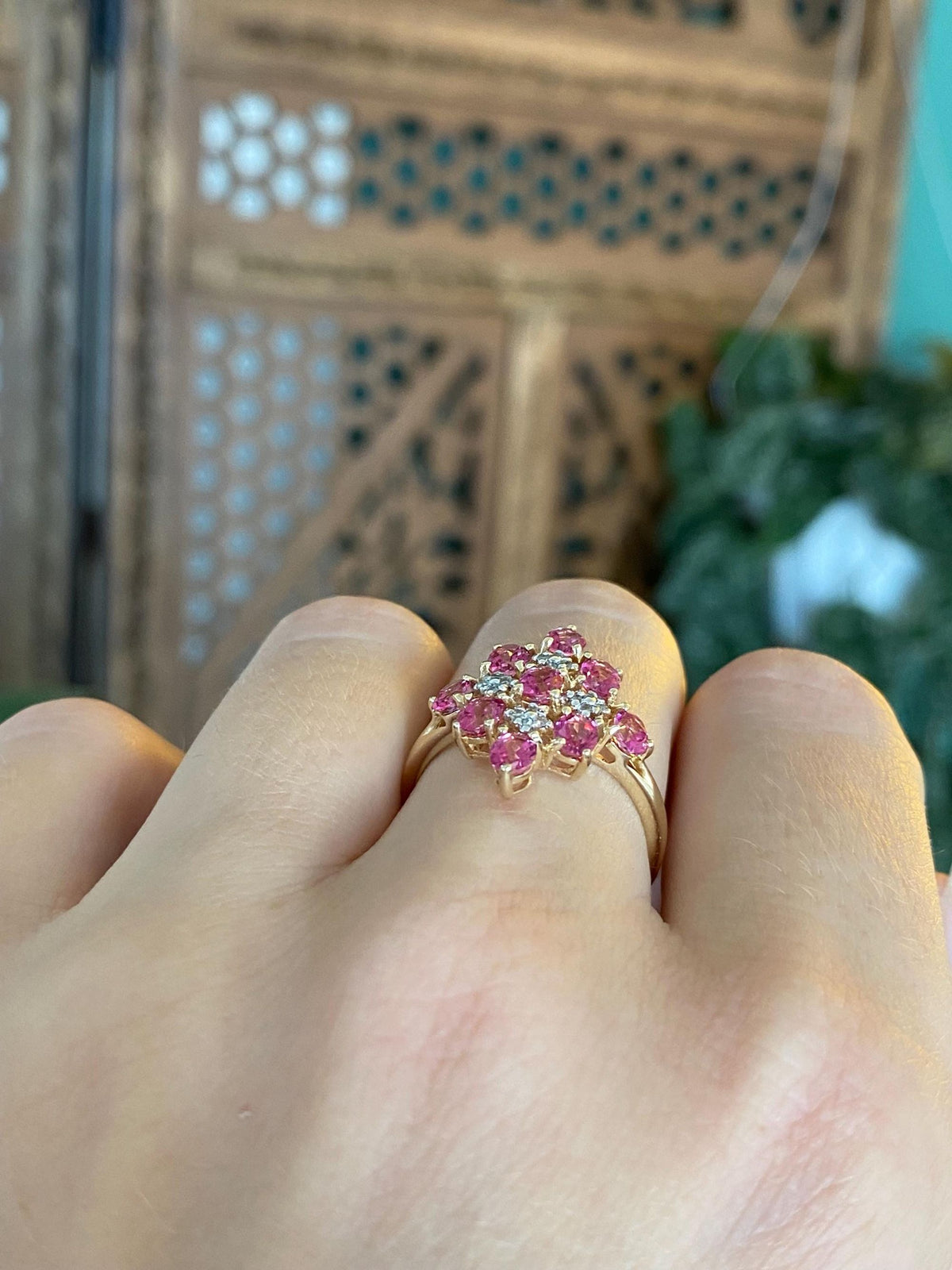 Vintage Solid 10k White & Yellow Gold Diamonds Pink Sapphire Ring - Size 6.75