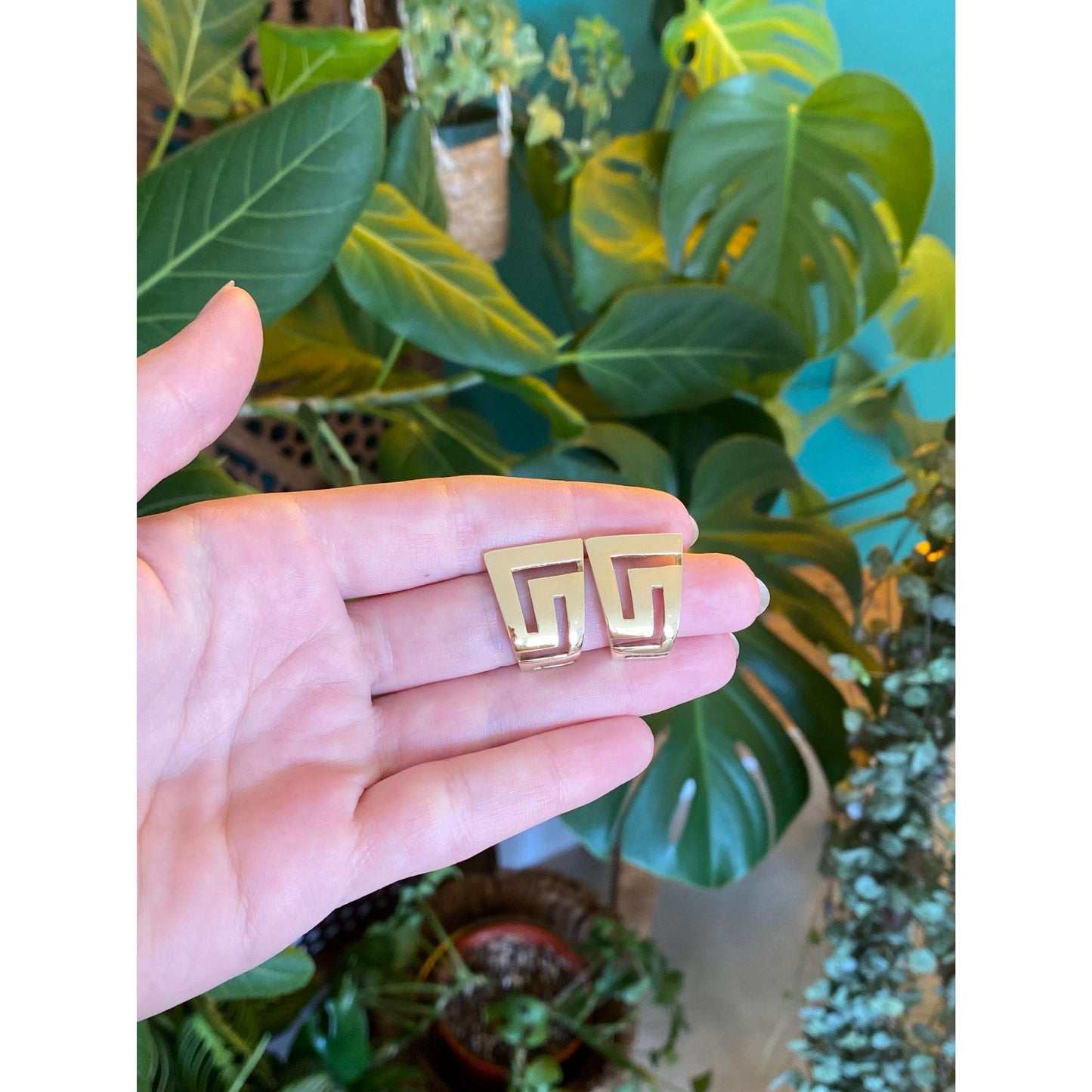 Solid 14k Yellow Gold Greek Key Drop Earrings