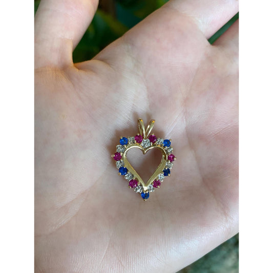 Vintage Solid 14k White & Yellow Gold Diamond Pink and Blue Spinel Heart Charm
