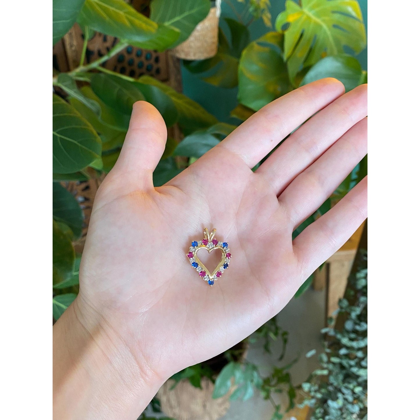 Vintage Solid 14k White & Yellow Gold Diamond Pink and Blue Spinel Heart Charm