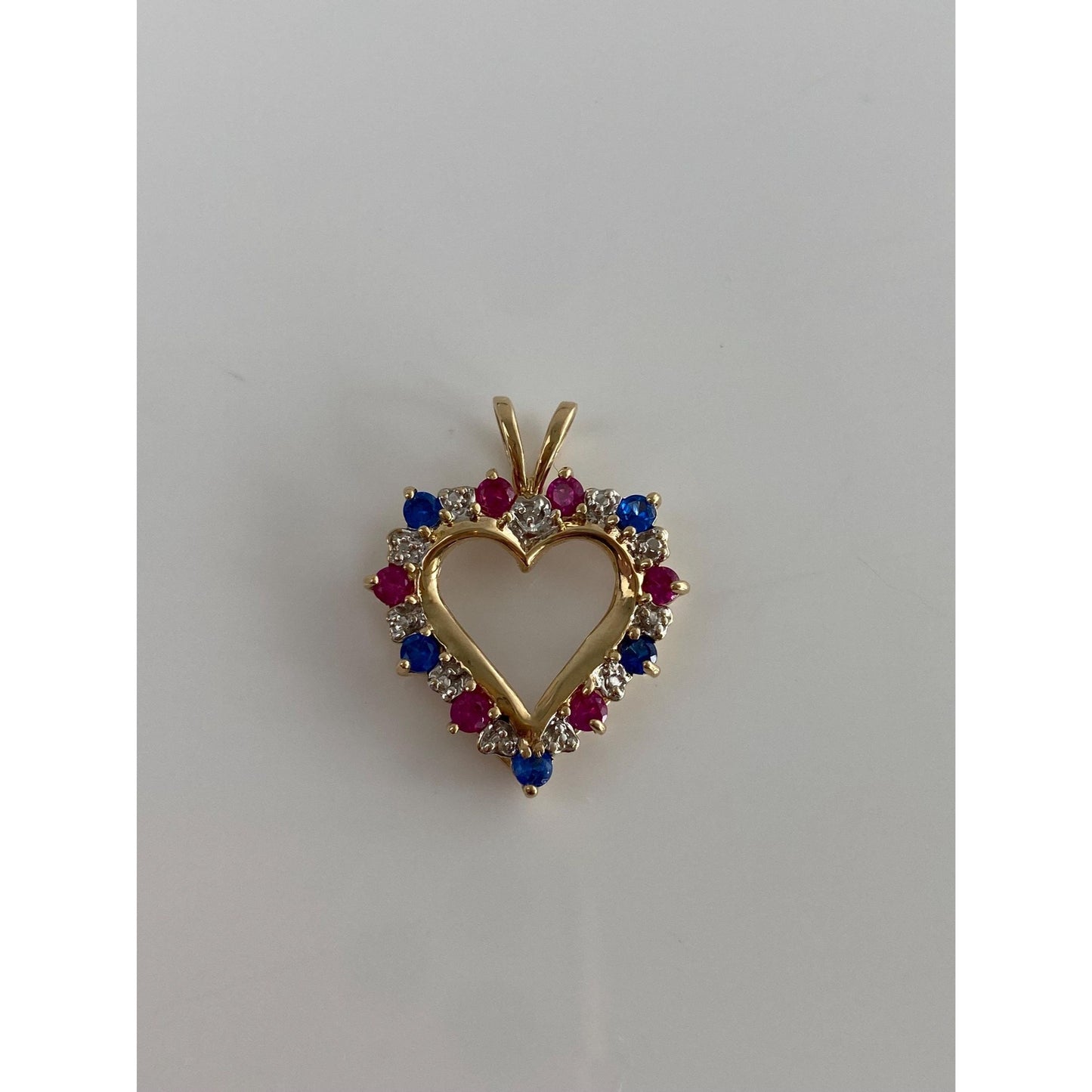 Vintage Solid 14k White & Yellow Gold Diamond Pink and Blue Spinel Heart Charm