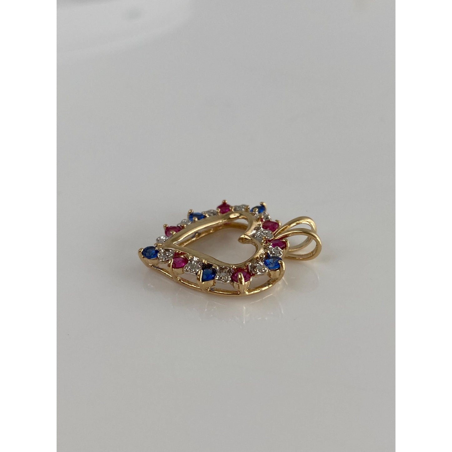 Vintage Solid 14k White & Yellow Gold Diamond Pink and Blue Spinel Heart Charm