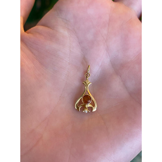 Vintage Solid 14k Yellow Gold Citrine Seed Pearl Stick Pin Conversion Charm