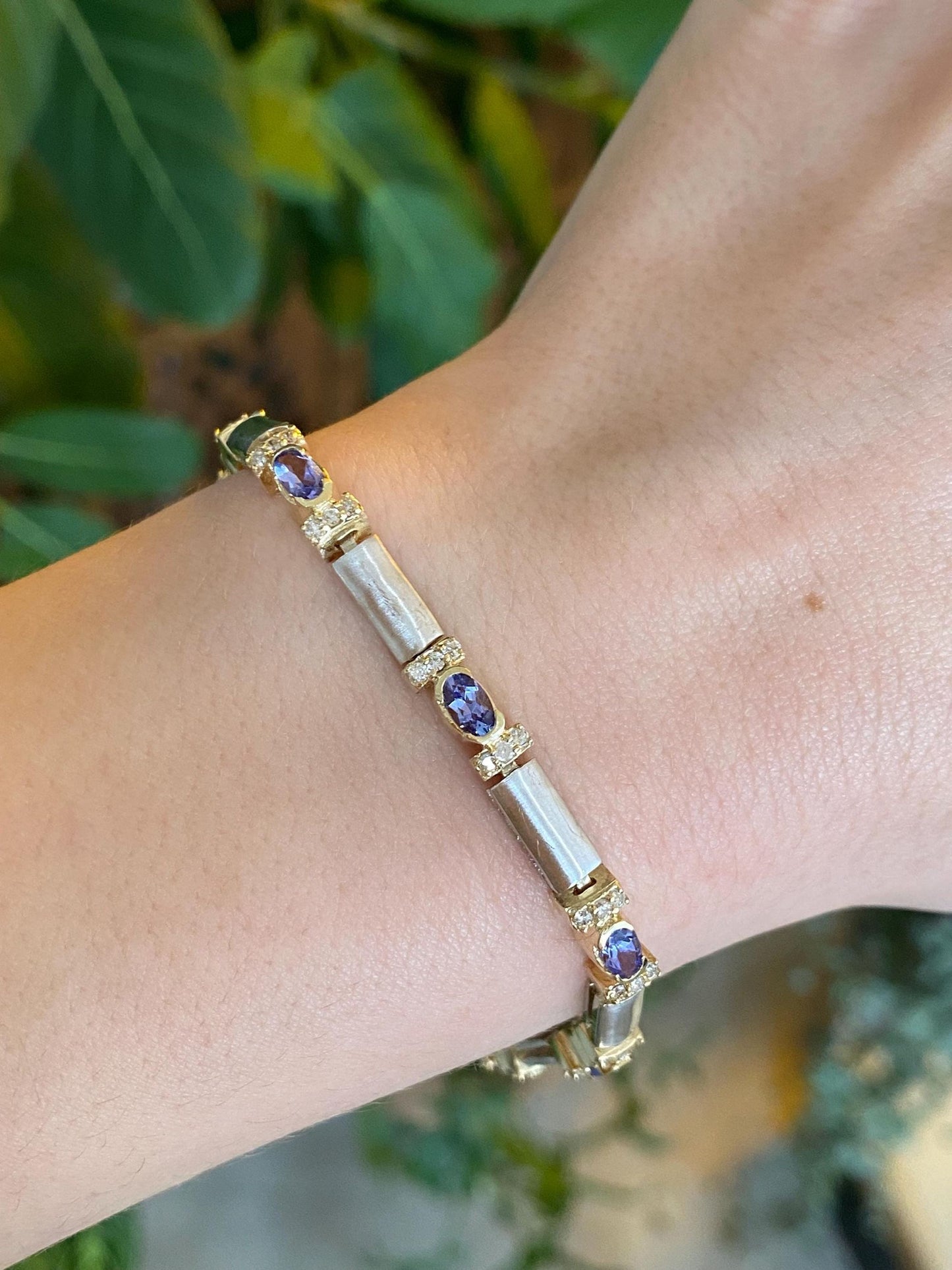 Vintage Solid 14k Yellow Gold & Platinum Diamond Tanzanite Link Bracelet - 7.25 inches