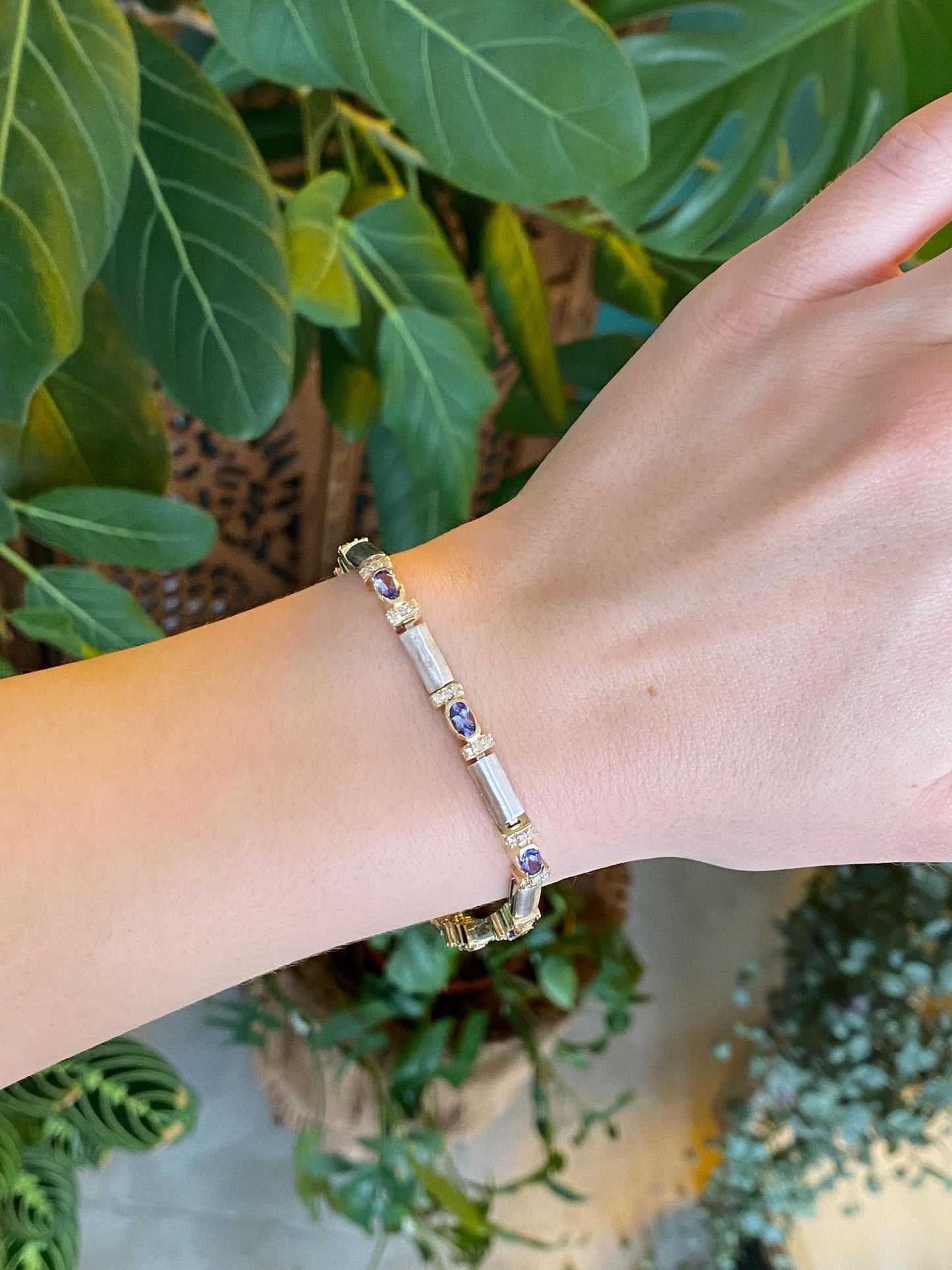 Vintage Solid 14k Yellow Gold & Platinum Diamond Tanzanite Link Bracelet - 7.25 inches