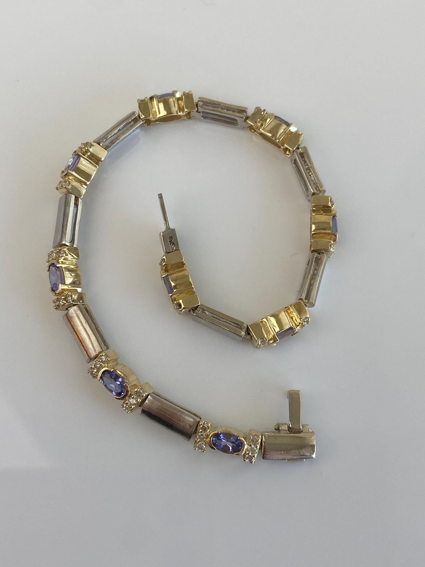 Vintage Solid 14k Yellow Gold & Platinum Diamond Tanzanite Link Bracelet - 7.25 inches