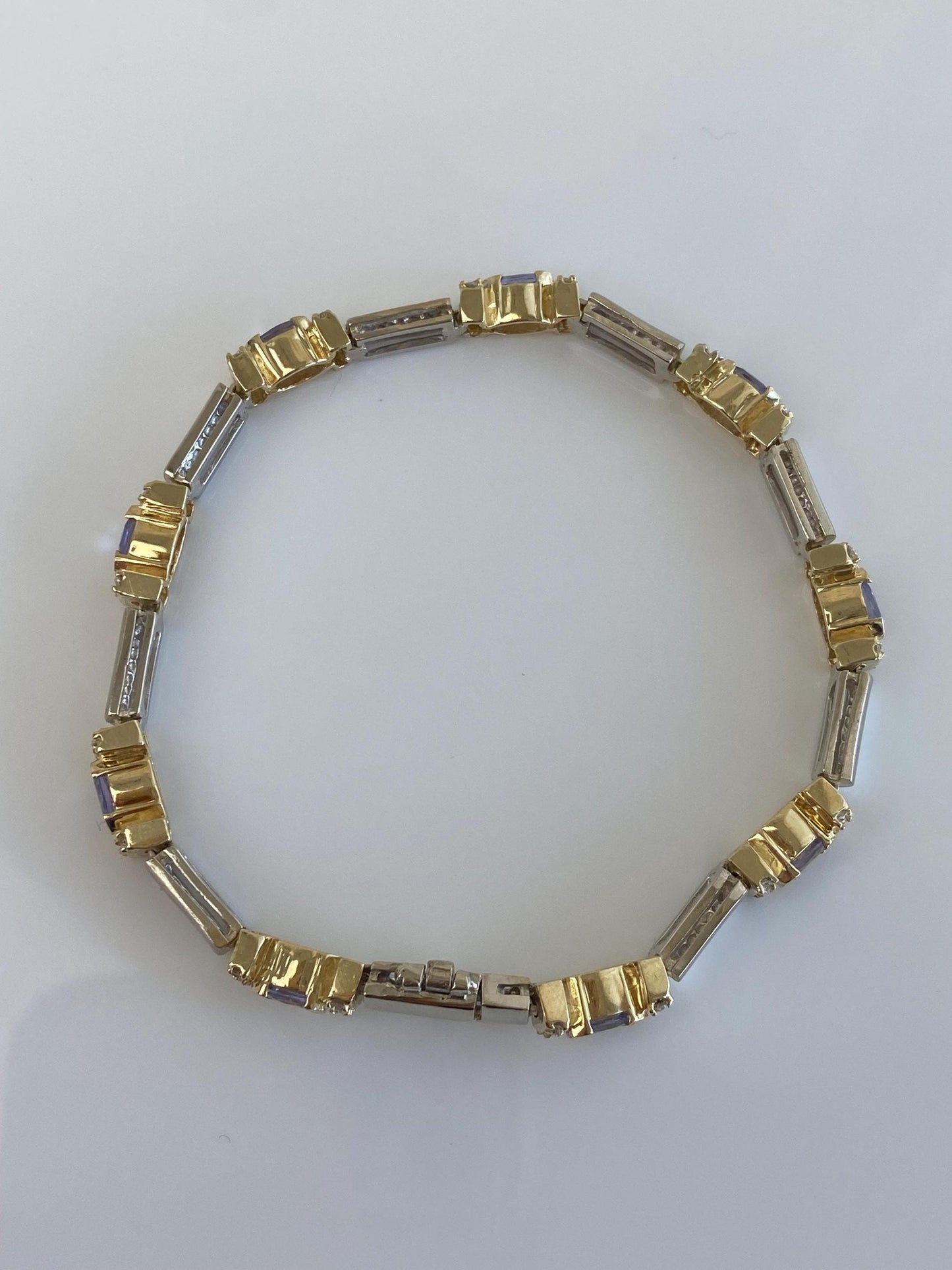 Vintage Solid 14k Yellow Gold & Platinum Diamond Tanzanite Link Bracelet - 7.25 inches