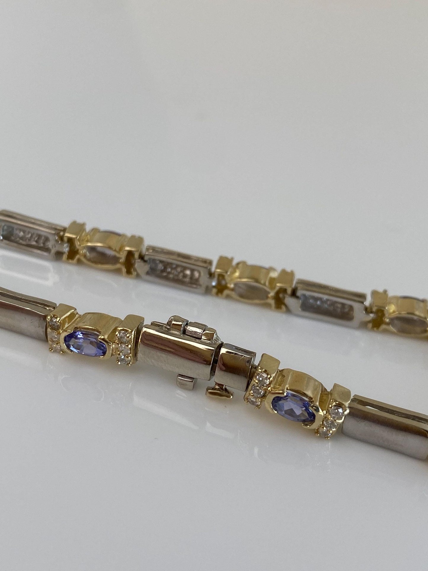 Vintage Solid 14k Yellow Gold & Platinum Diamond Tanzanite Link Bracelet - 7.25 inches