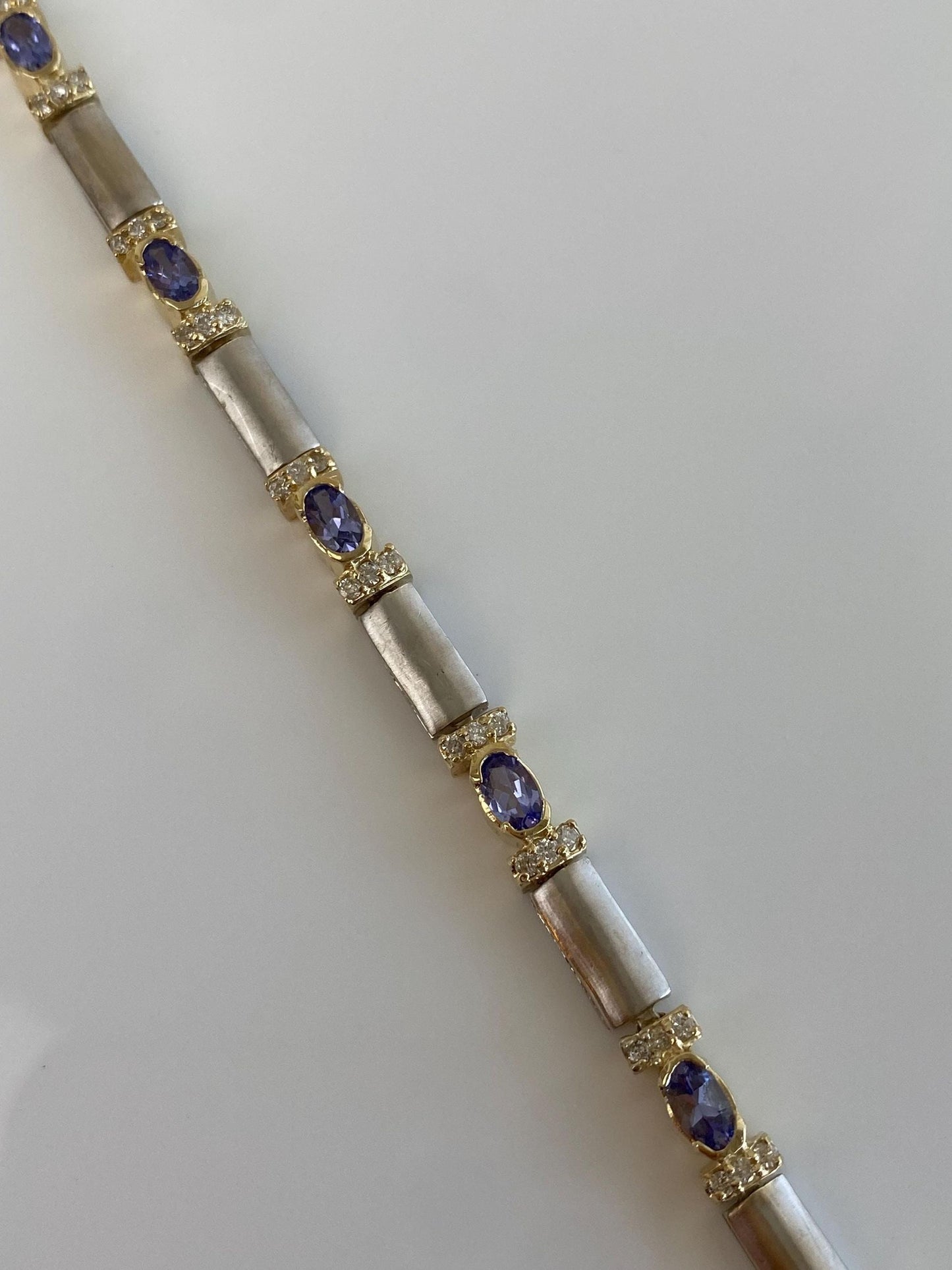 Vintage Solid 14k Yellow Gold & Platinum Diamond Tanzanite Link Bracelet - 7.25 inches