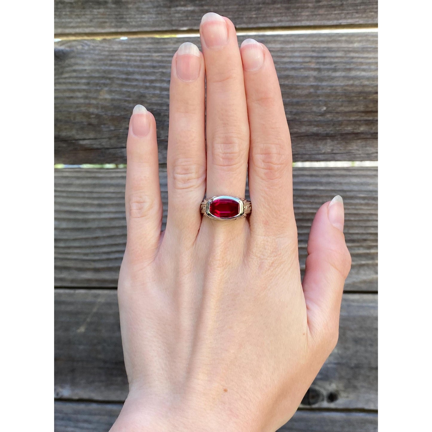 Vintage Solid 14k White Gold Pink Sapphire Engraved Signet Ring - Size 9.75