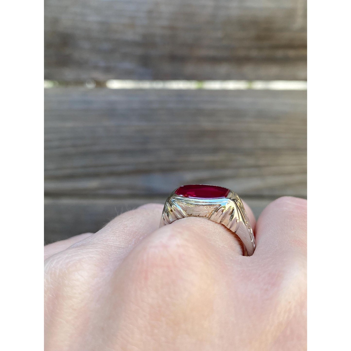 Vintage Solid 14k White Gold Pink Sapphire Engraved Signet Ring - Size 9.75