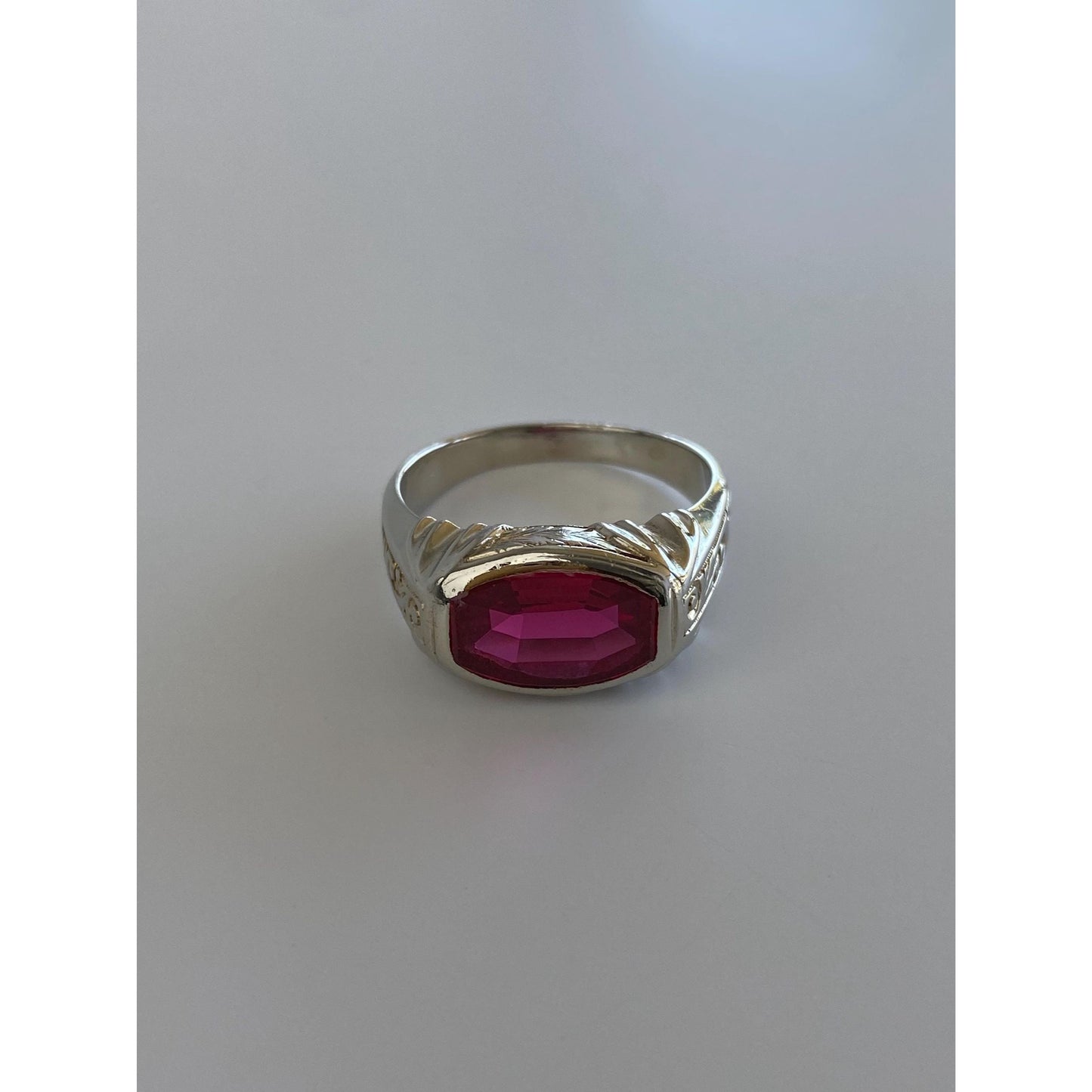 Vintage Solid 14k White Gold Pink Sapphire Engraved Signet Ring - Size 9.75