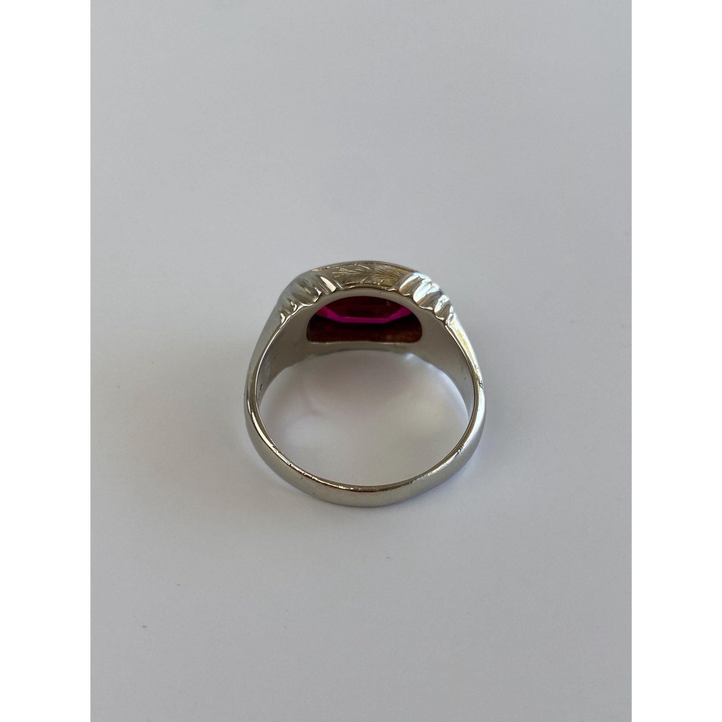 Vintage Solid 14k White Gold Pink Sapphire Engraved Signet Ring - Size 9.75