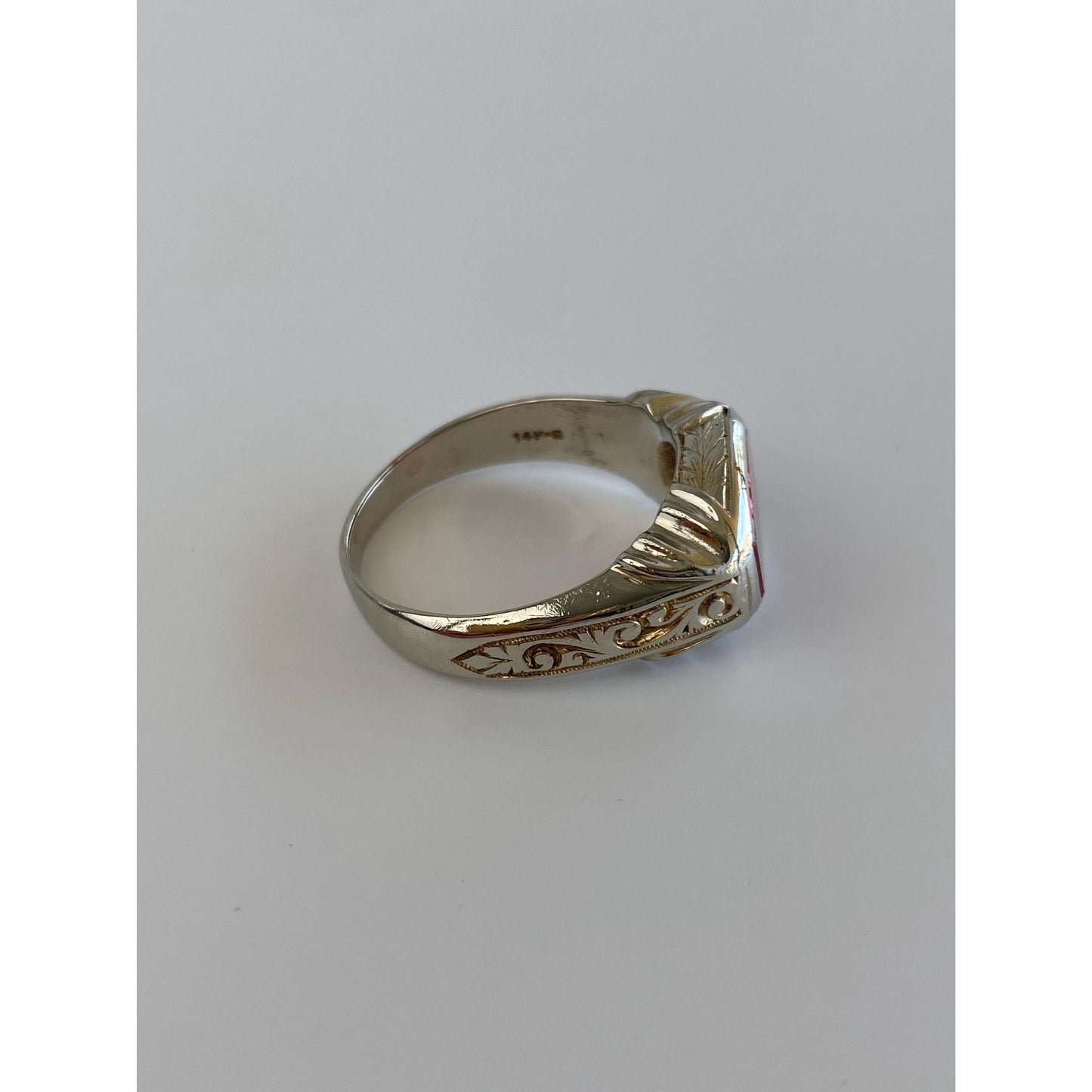 Vintage Solid 14k White Gold Pink Sapphire Engraved Signet Ring - Size 9.75