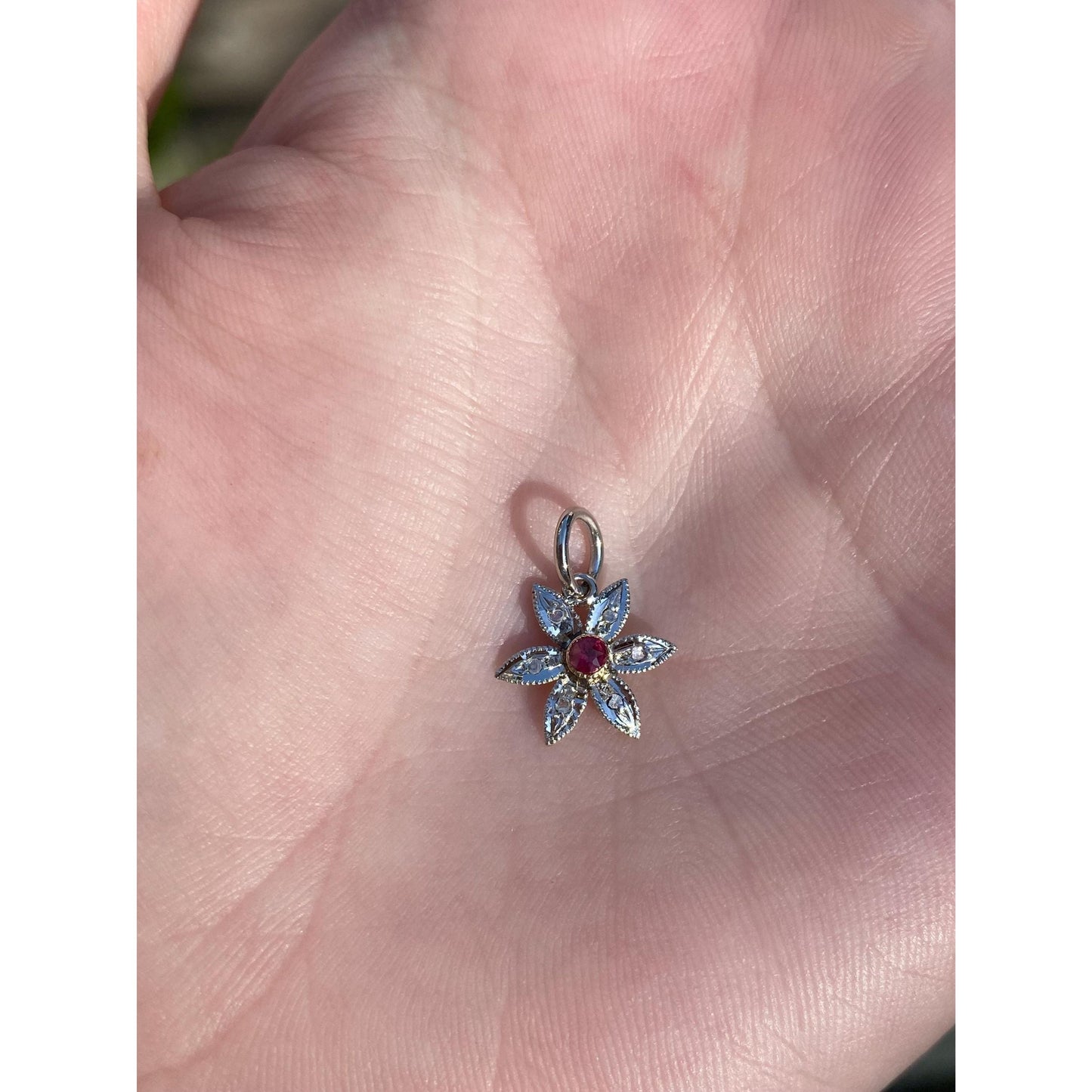 Vintage Solid 14k White & Yellow Gold Pink Cubic Zirconia Diamond Flower Charm