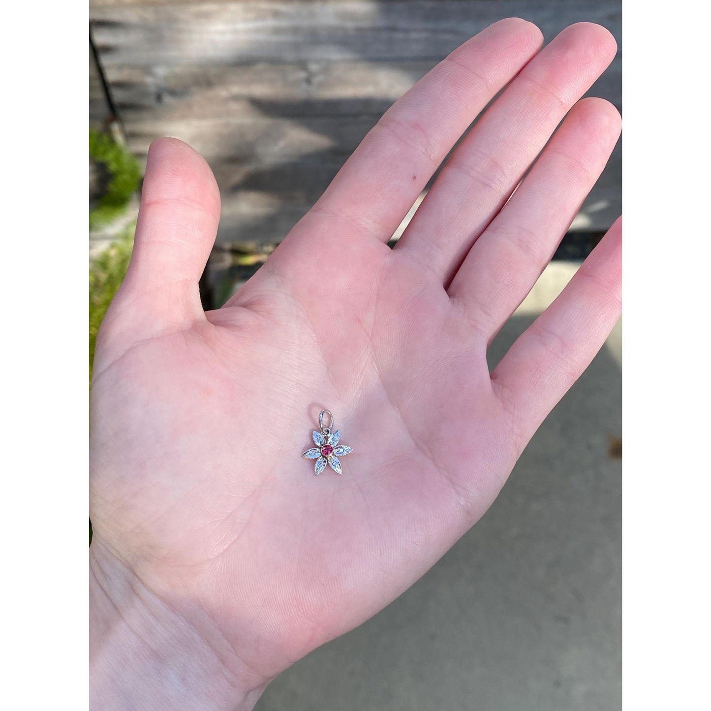 Vintage Solid 14k White & Yellow Gold Pink Cubic Zirconia Diamond Flower Charm