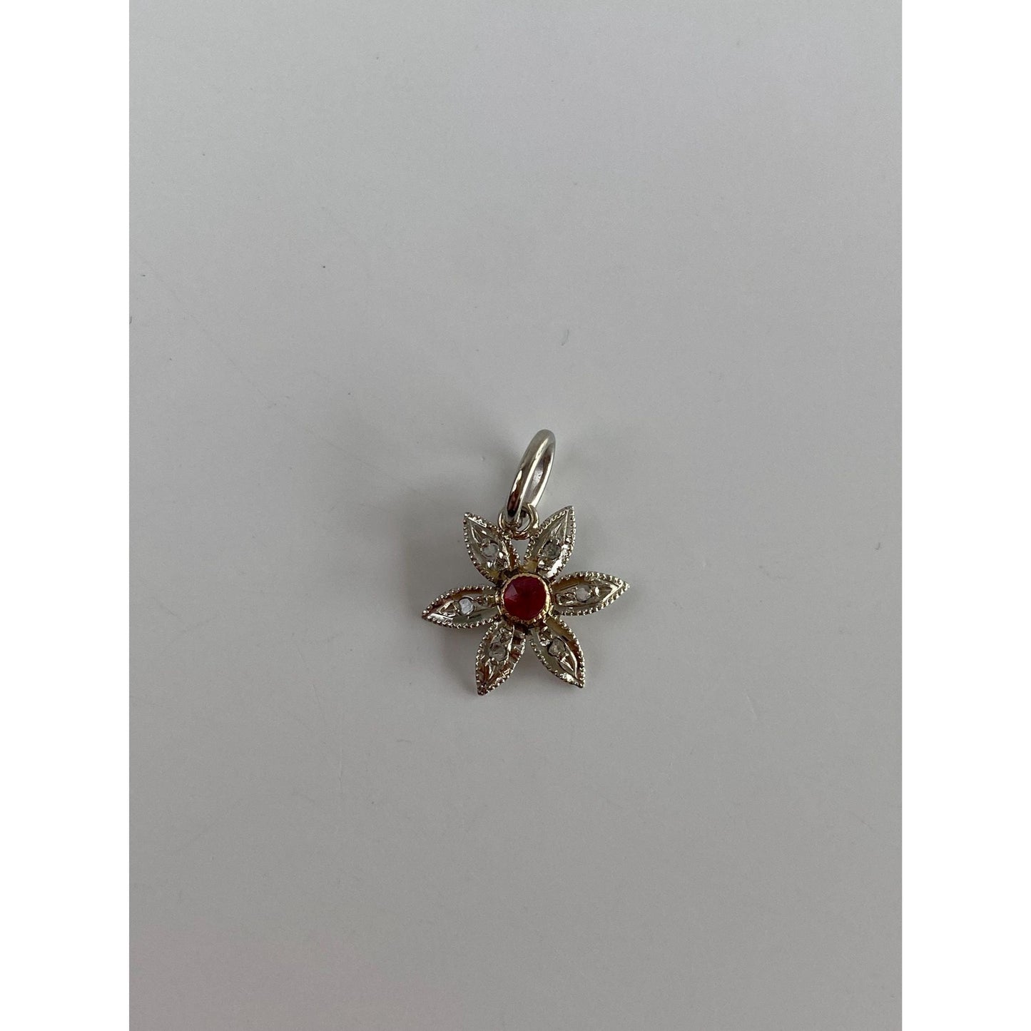 Vintage Solid 14k White & Yellow Gold Pink Cubic Zirconia Diamond Flower Charm