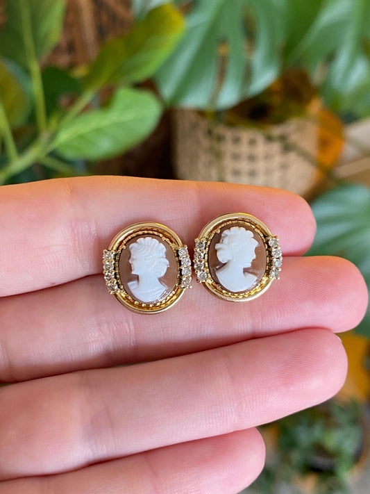 Vintage Solid 14k Yellow Gold Diamond Cameo Stud Earrings