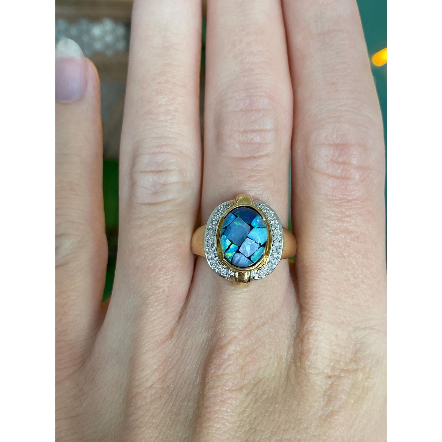 Vintage Solid 14k White & Yellow Gold Diamond Opal Inlay Ring - Size 6.75