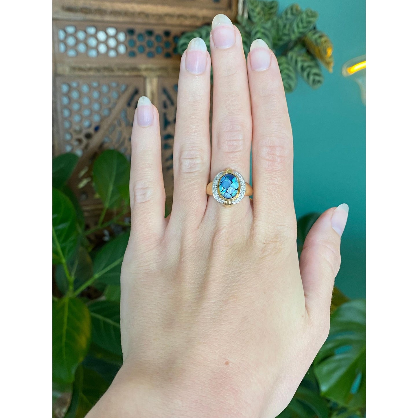 Vintage Solid 14k White & Yellow Gold Diamond Opal Inlay Ring - Size 6.75