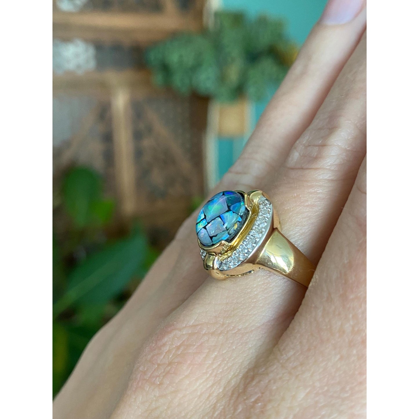 Vintage Solid 14k White & Yellow Gold Diamond Opal Inlay Ring - Size 6.75
