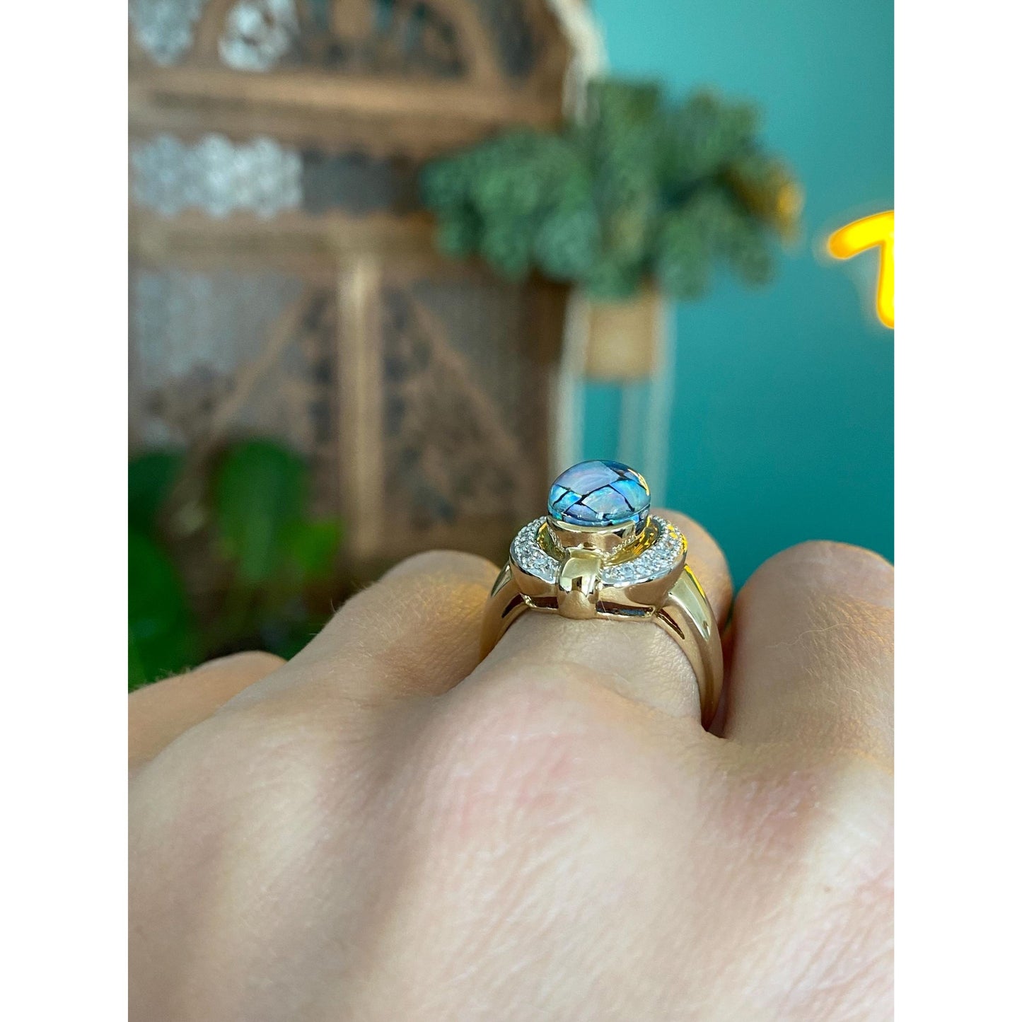 Vintage Solid 14k White & Yellow Gold Diamond Opal Inlay Ring - Size 6.75