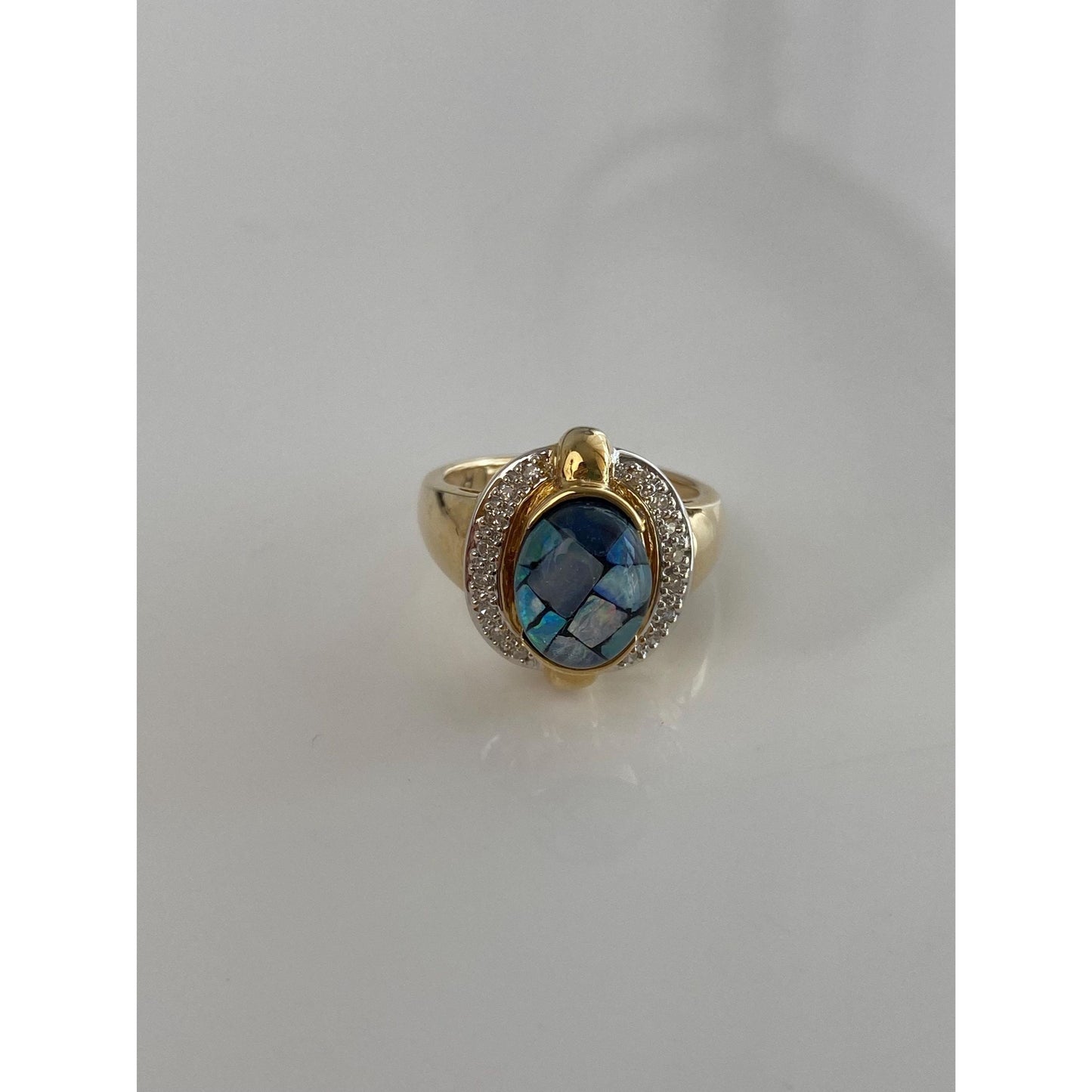 Vintage Solid 14k White & Yellow Gold Diamond Opal Inlay Ring - Size 6.75