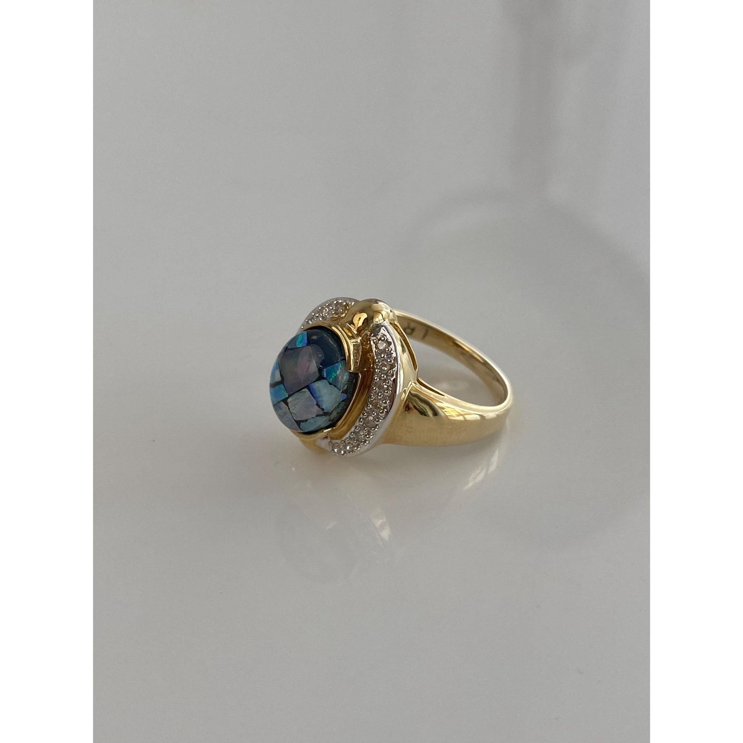 Vintage Solid 14k White & Yellow Gold Diamond Opal Inlay Ring - Size 6.75