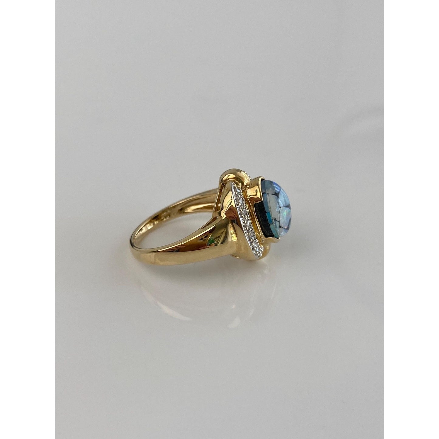 Vintage Solid 14k White & Yellow Gold Diamond Opal Inlay Ring - Size 6.75