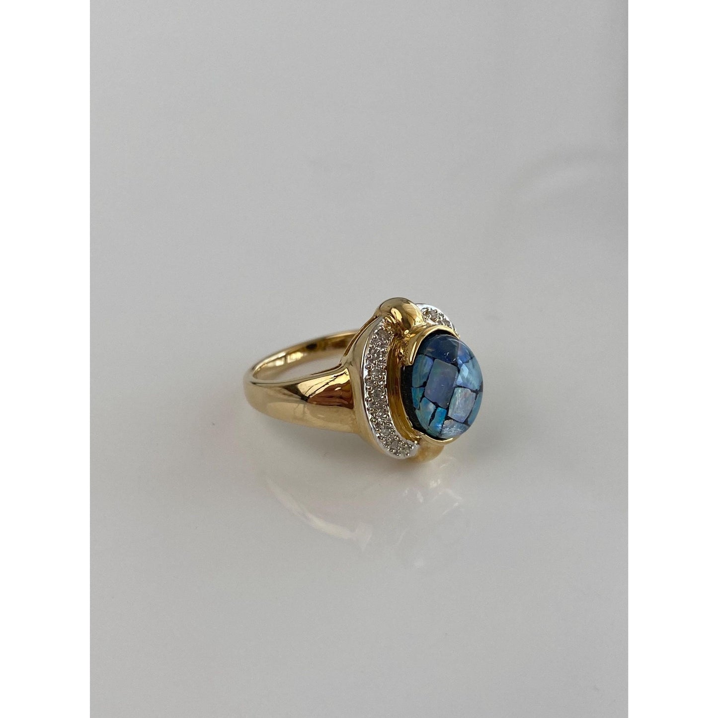 Vintage Solid 14k White & Yellow Gold Diamond Opal Inlay Ring - Size 6.75