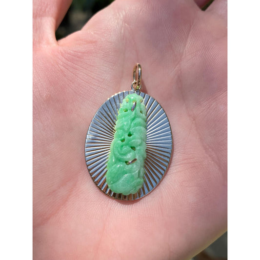 Vintage Solid 14k Yellow Gold Carved Jade Engine Turned Charm