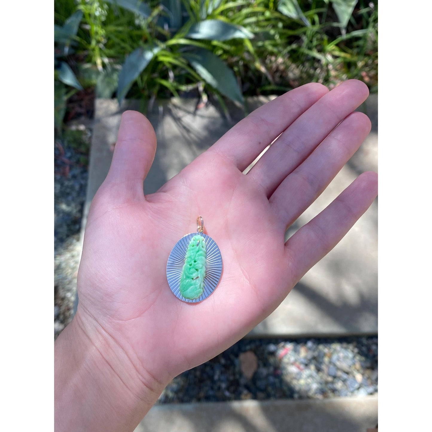 Vintage Solid 14k Yellow Gold Carved Jade Engine Turned Charm