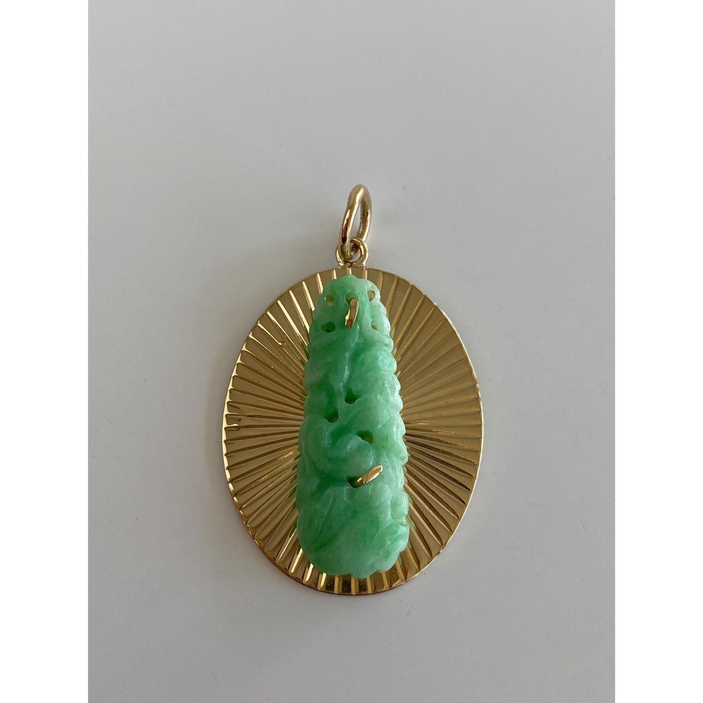 Vintage Solid 14k Yellow Gold Carved Jade Engine Turned Charm