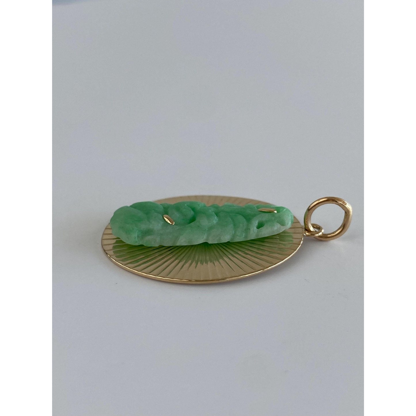 Vintage Solid 14k Yellow Gold Carved Jade Engine Turned Charm