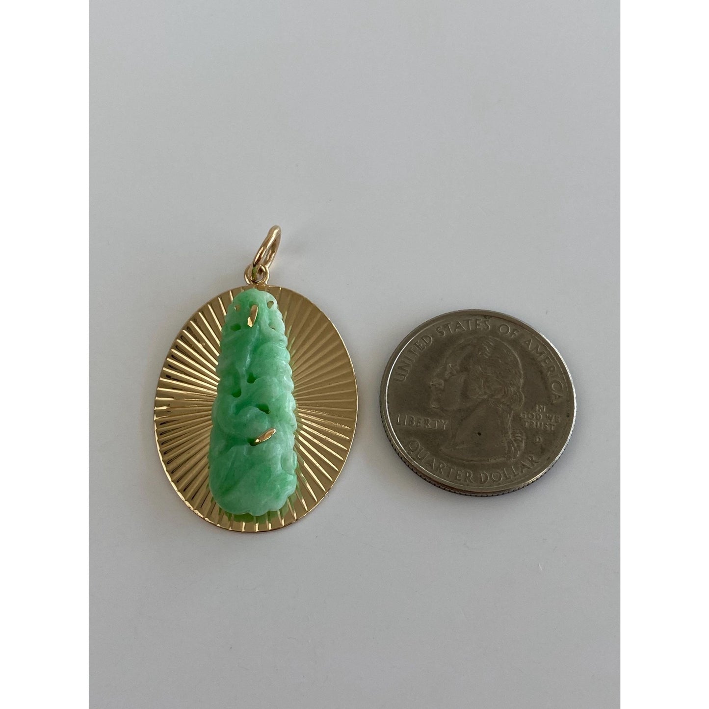 Vintage Solid 14k Yellow Gold Carved Jade Engine Turned Charm