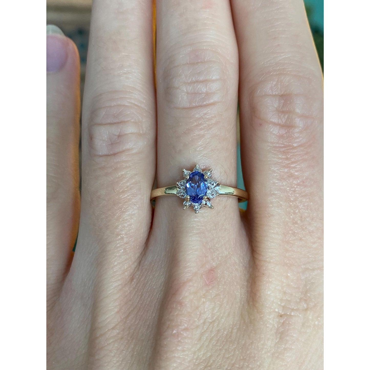 Solid 10k Yellow Gold Diamond Halo Tanzanite Ring - Size 8.25