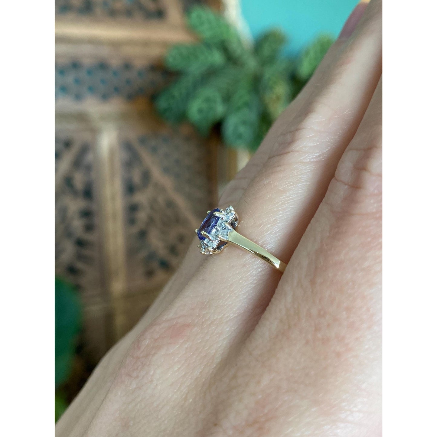Solid 10k Yellow Gold Diamond Halo Tanzanite Ring - Size 8.25