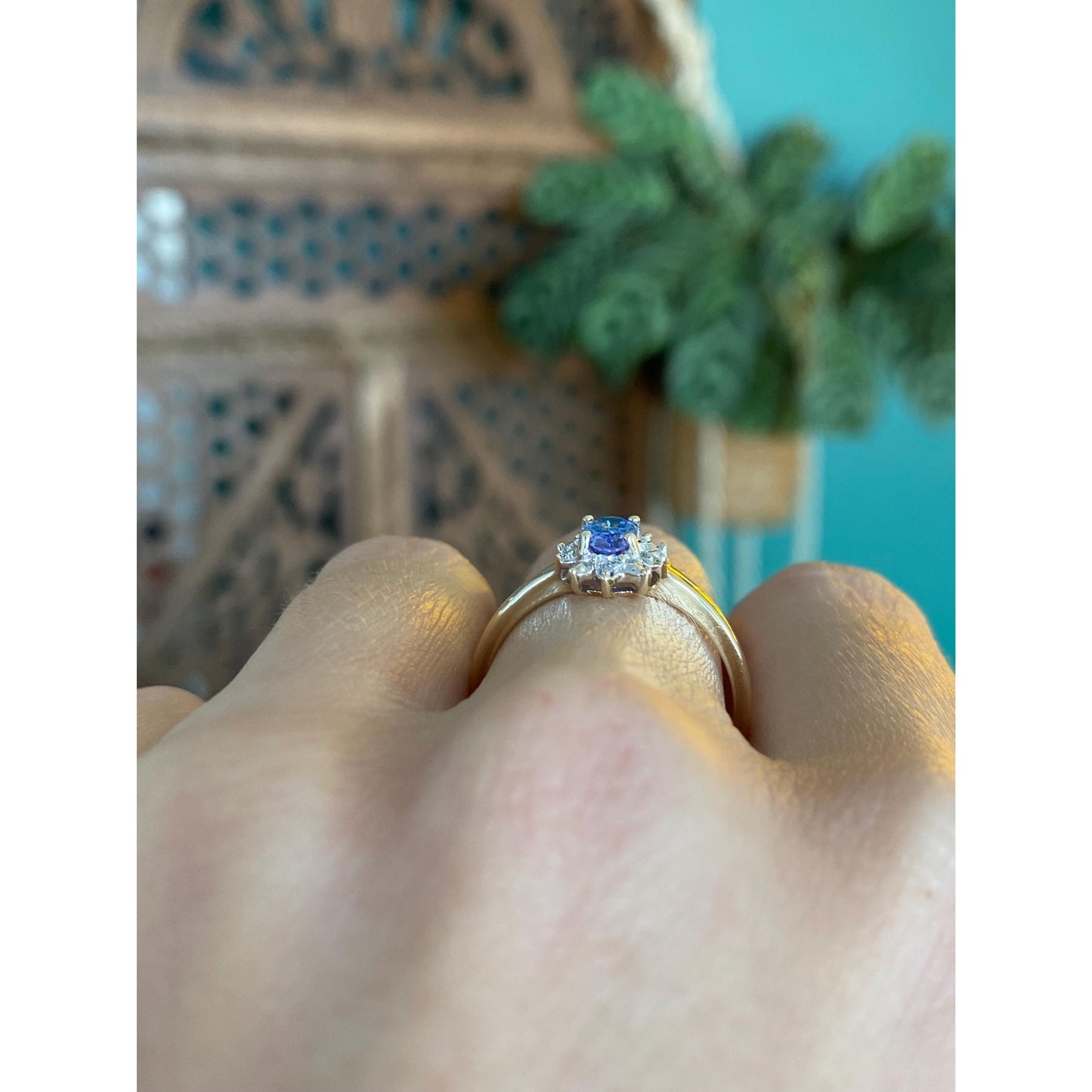 Solid 10k Yellow Gold Diamond Halo Tanzanite Ring - Size 8.25