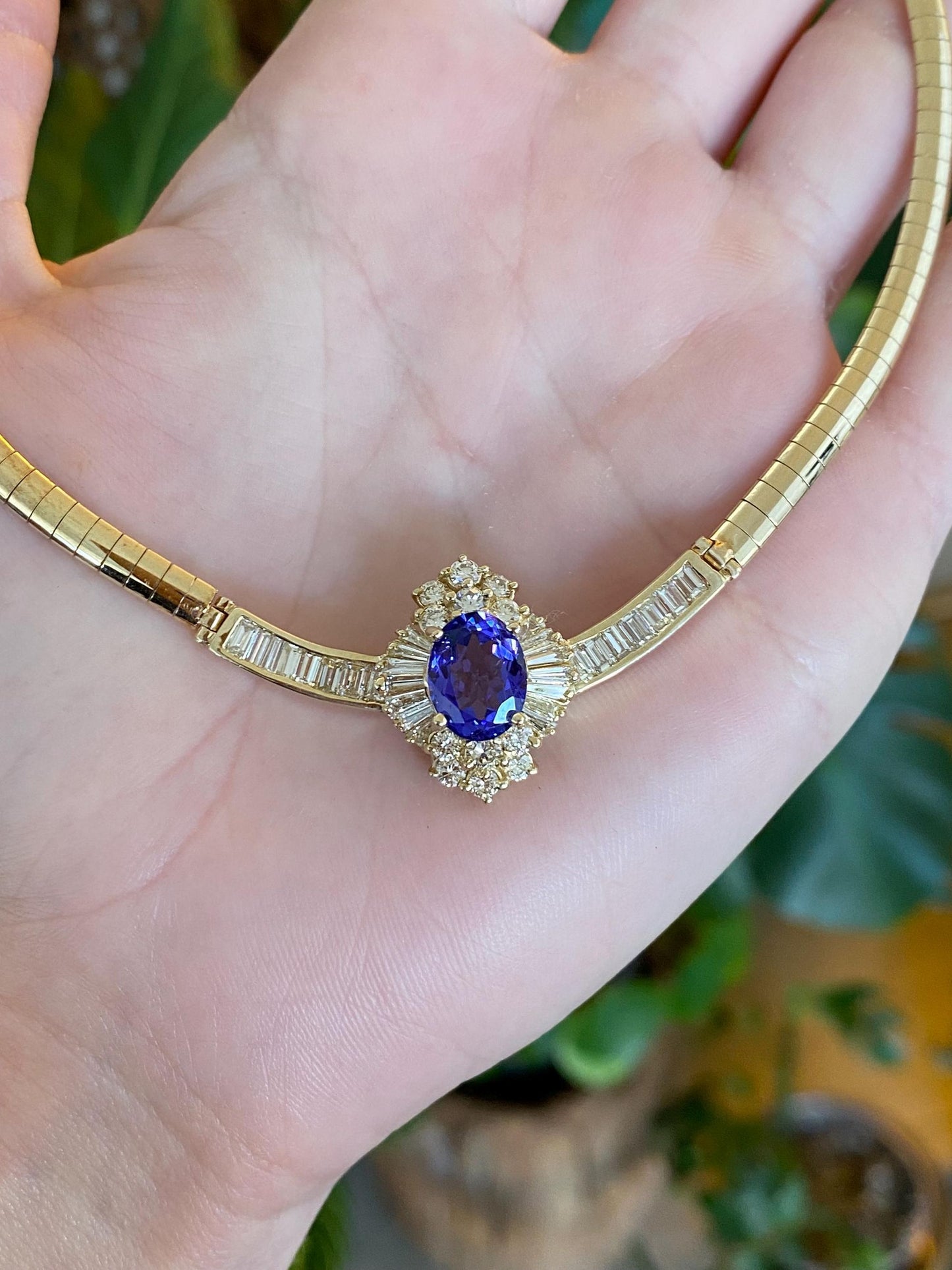 Vintage Solid 14k Yellow Gold Iolite Diamond Omega Chain Necklace - 18 inches