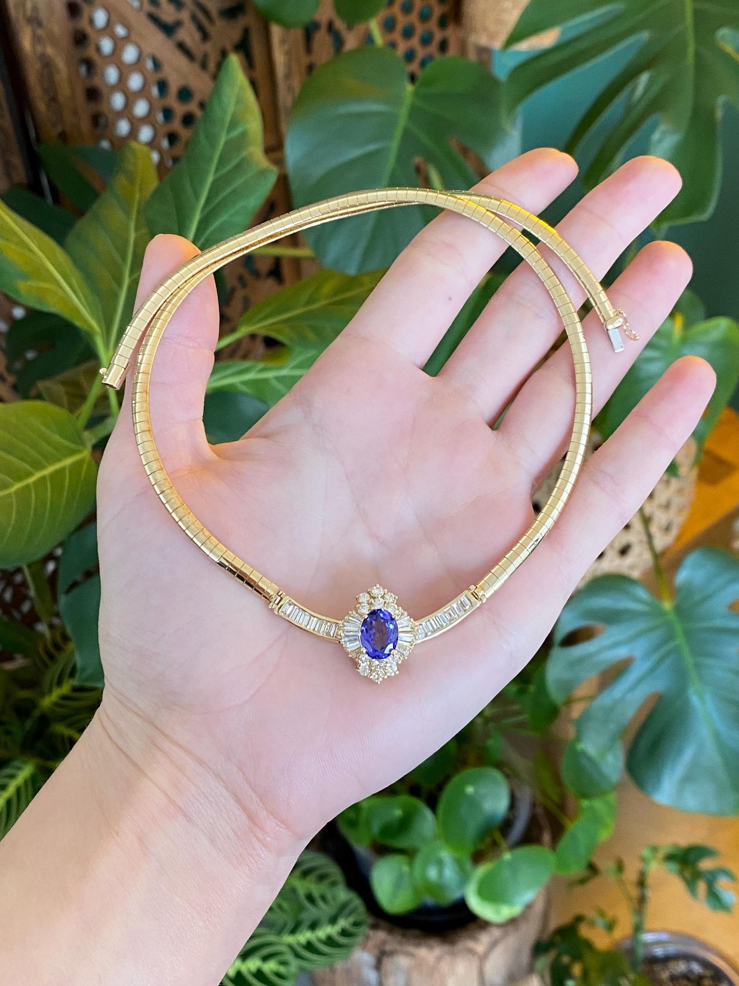 Vintage Solid 14k Yellow Gold Iolite Diamond Omega Chain Necklace - 18 inches