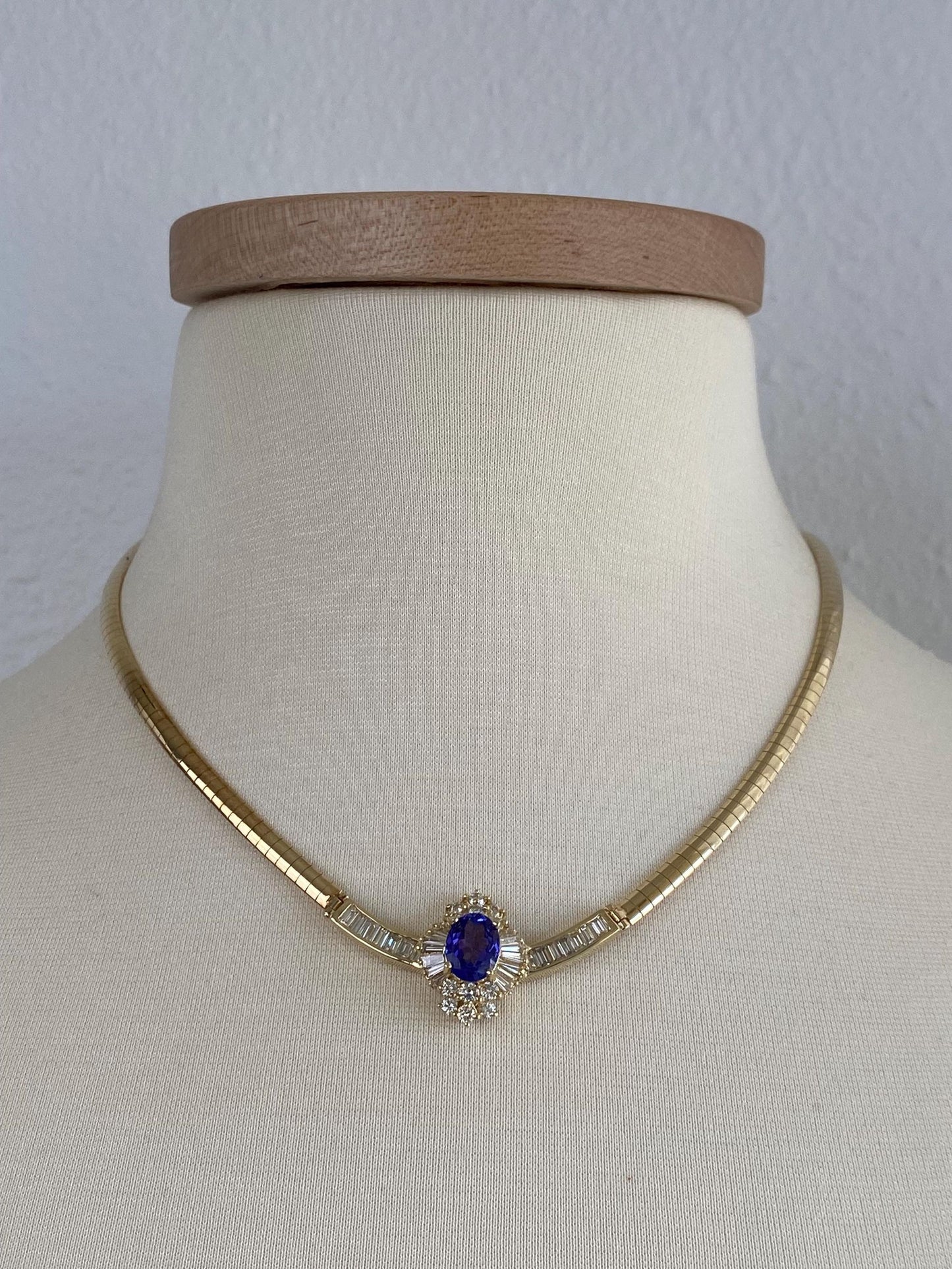 Vintage Solid 14k Yellow Gold Iolite Diamond Omega Chain Necklace - 18 inches