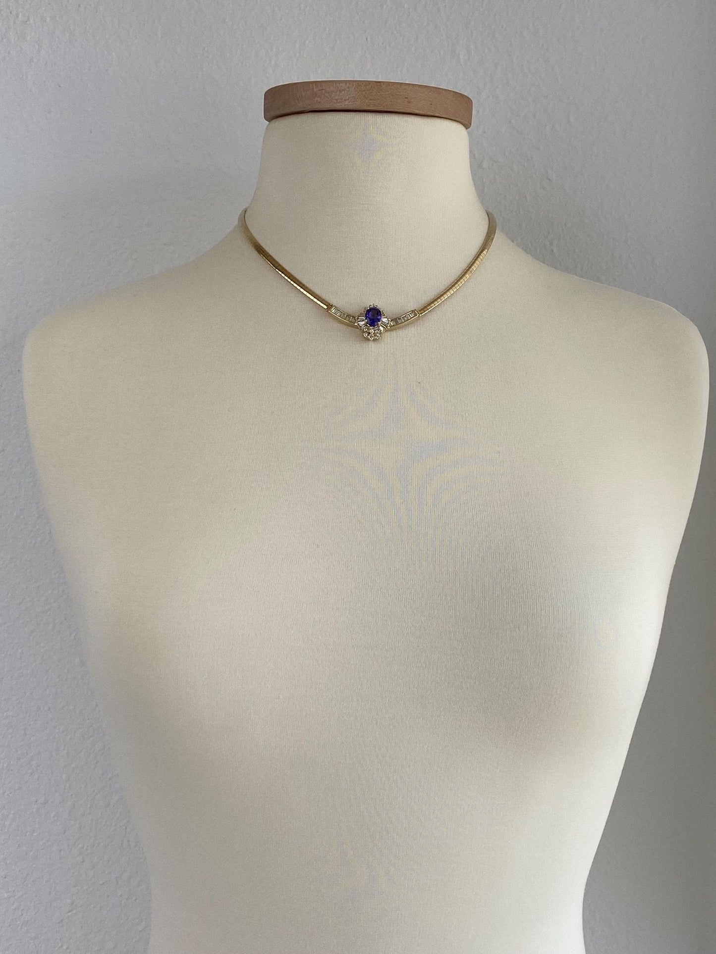 Vintage Solid 14k Yellow Gold Iolite Diamond Omega Chain Necklace - 18 inches